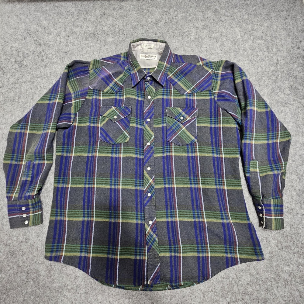 Corral West Ranch Wear Pearl Snap Mens 17.5-36 Flannel Plaid Vtg Western‎ Shirt